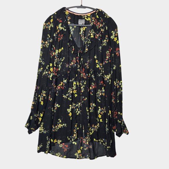Anthropologie Jamison Floral Ruffles Flowy Tunic Blouse M Romantic Whimsy Goth - Picture 2 of 12